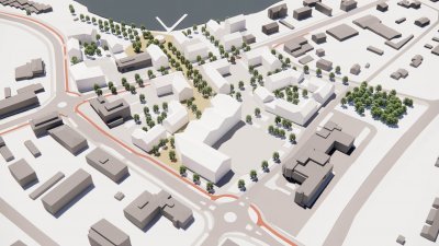 Visualisointi Alavuden kaupunkikeskustan kehityssuunnitelmasta, arkkitehti Aura Pajamo Muuan Oy.