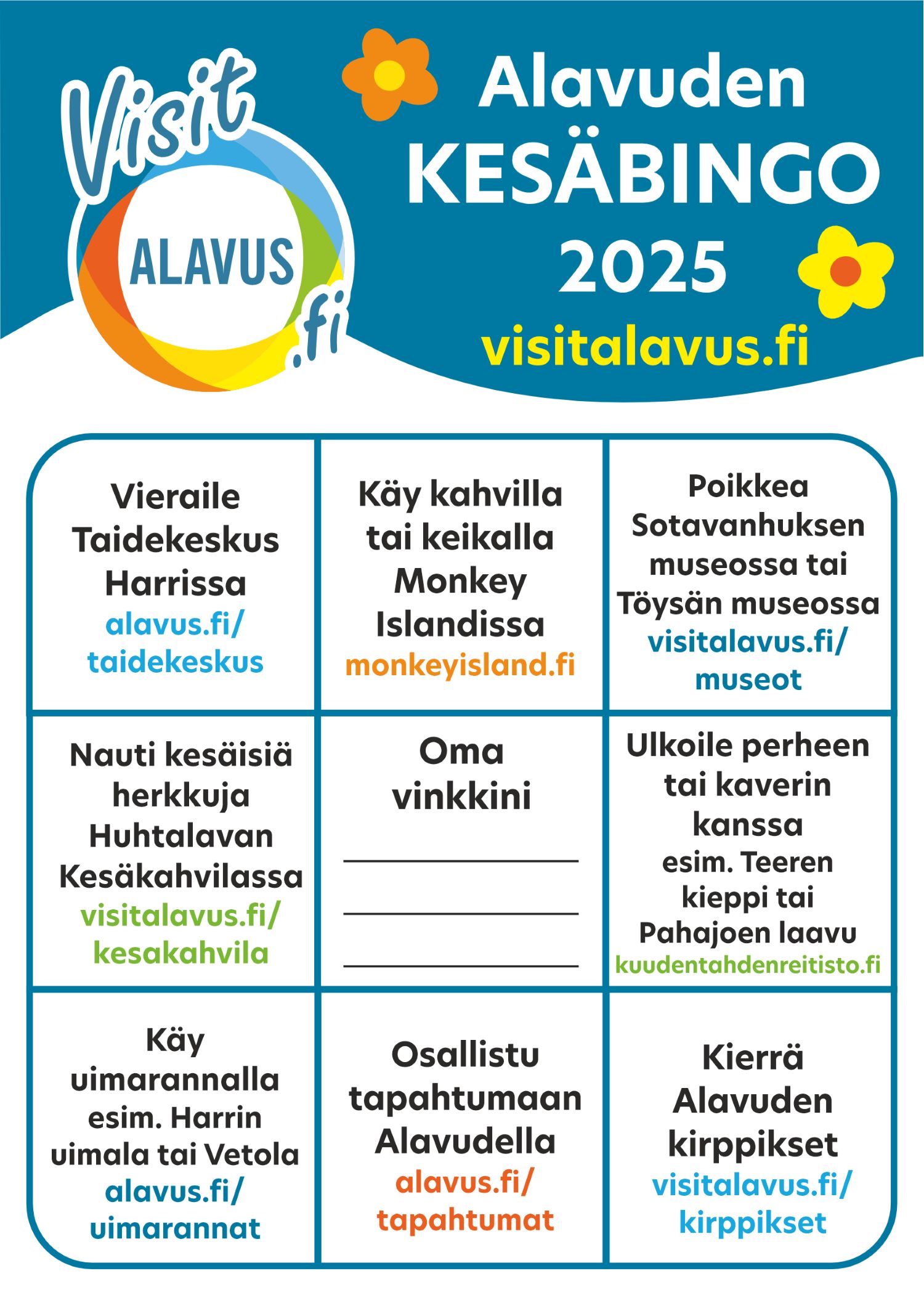 Alavuden Kesäbingo 2025 - ideoita tekemiseen Alavudella. Tulosta tästä kortti itsellesi.