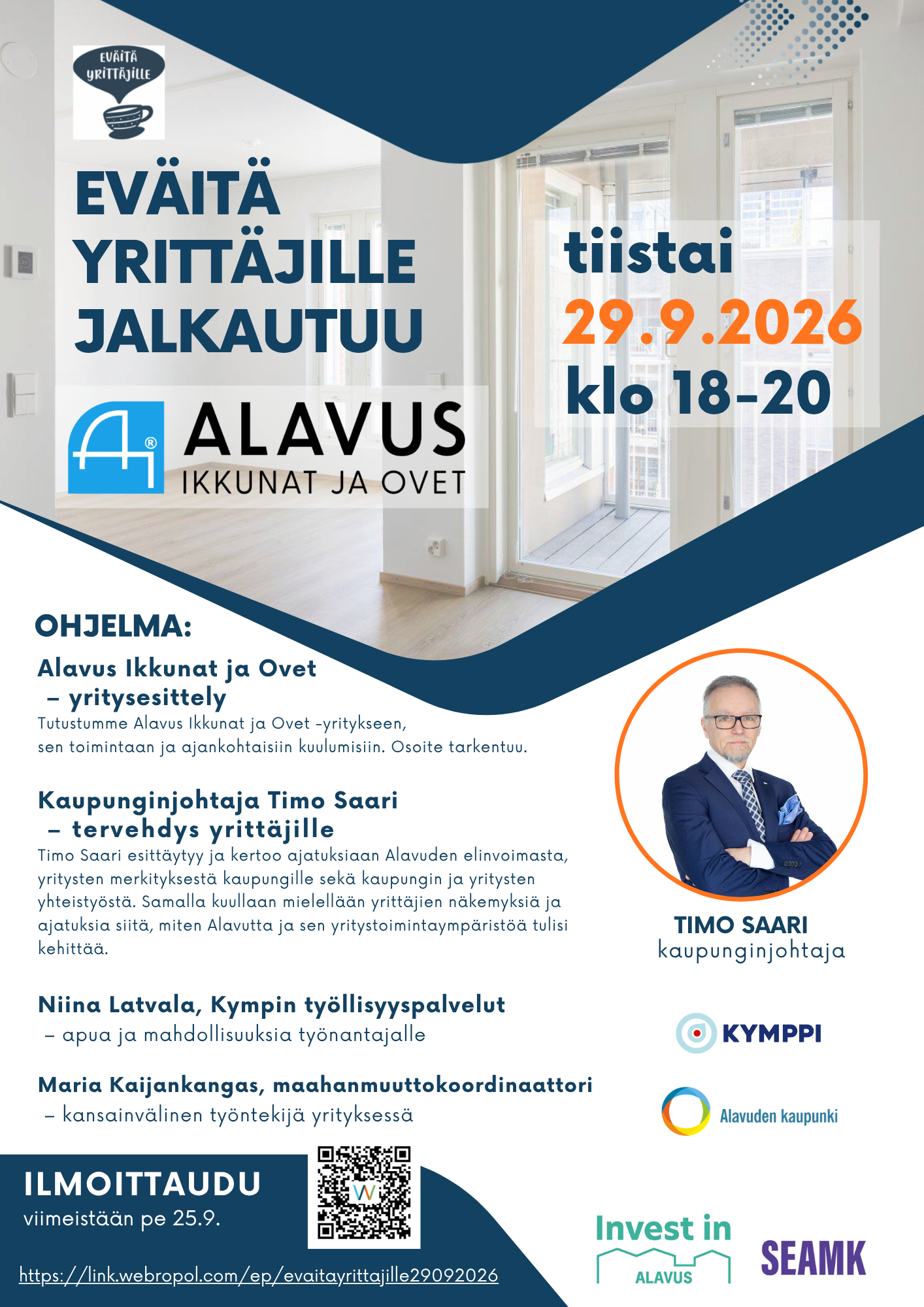 Eväitä yrittäjille -ilta Alavus Ikkunat ja Ovet -yrityksessä tiistaina 29.9.2026 klo 18-20.