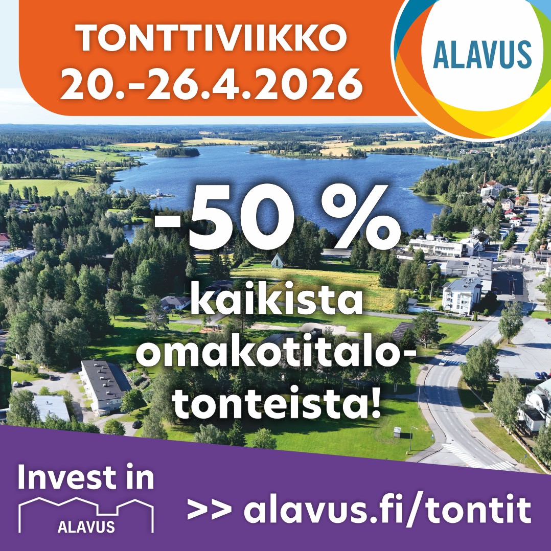 Alavuden kaupungin tonttiviikko 20.-26.4.2026. Tervetuloa juttelemaan rakentamisesta, asumisesta ja vapaa-ajan mahdollisuuksista Alavudella Yritt&auml;j&auml;t Areenalla -messuille 25.-26.4.2026.