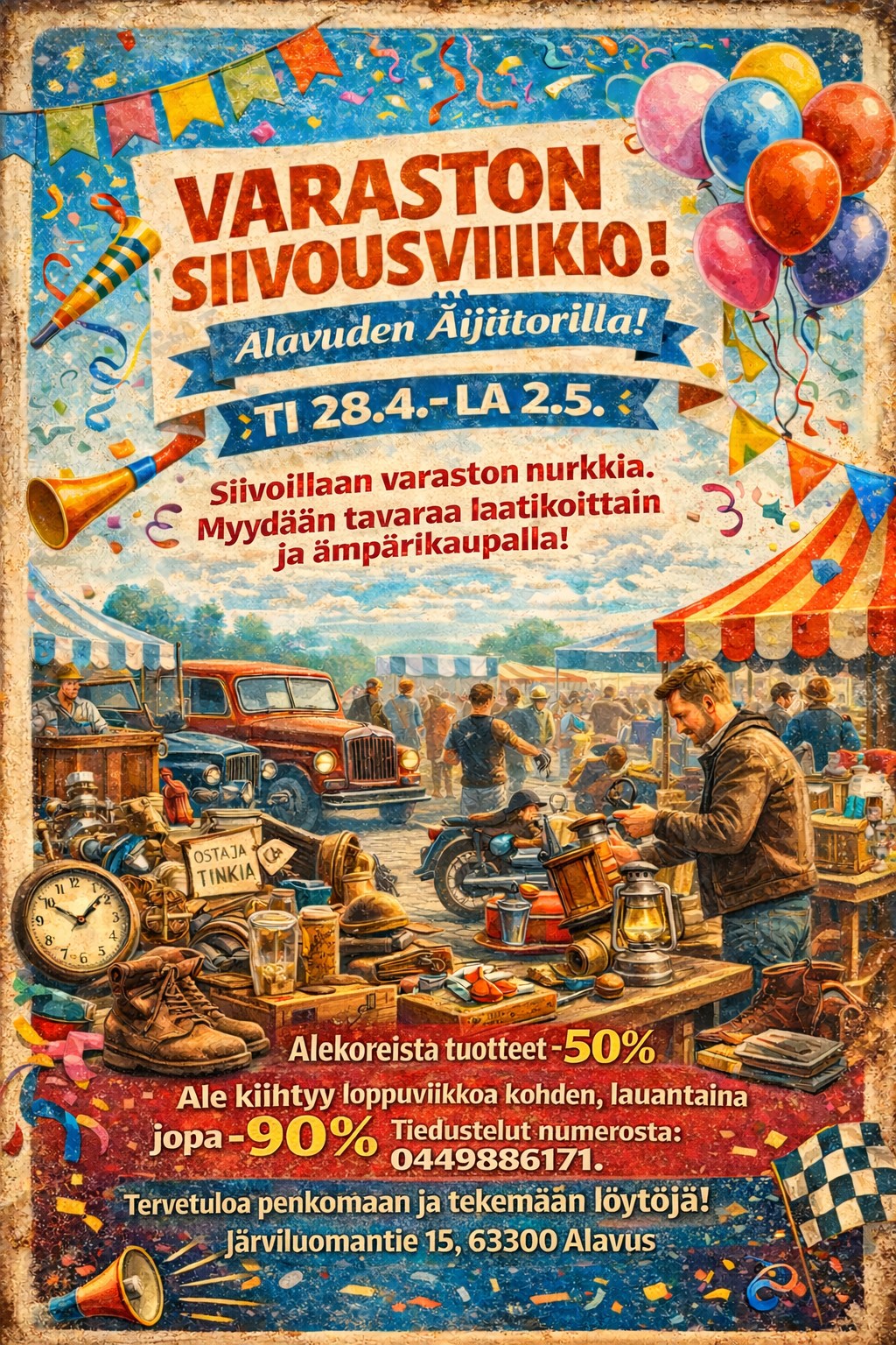 Varaston siivousviikko Alavuden &Auml;ij&auml;torilla 28.4.-2.5.2026. Tule penkomaan ja tekem&auml;&auml;n l&ouml;yt&ouml;j&auml;.