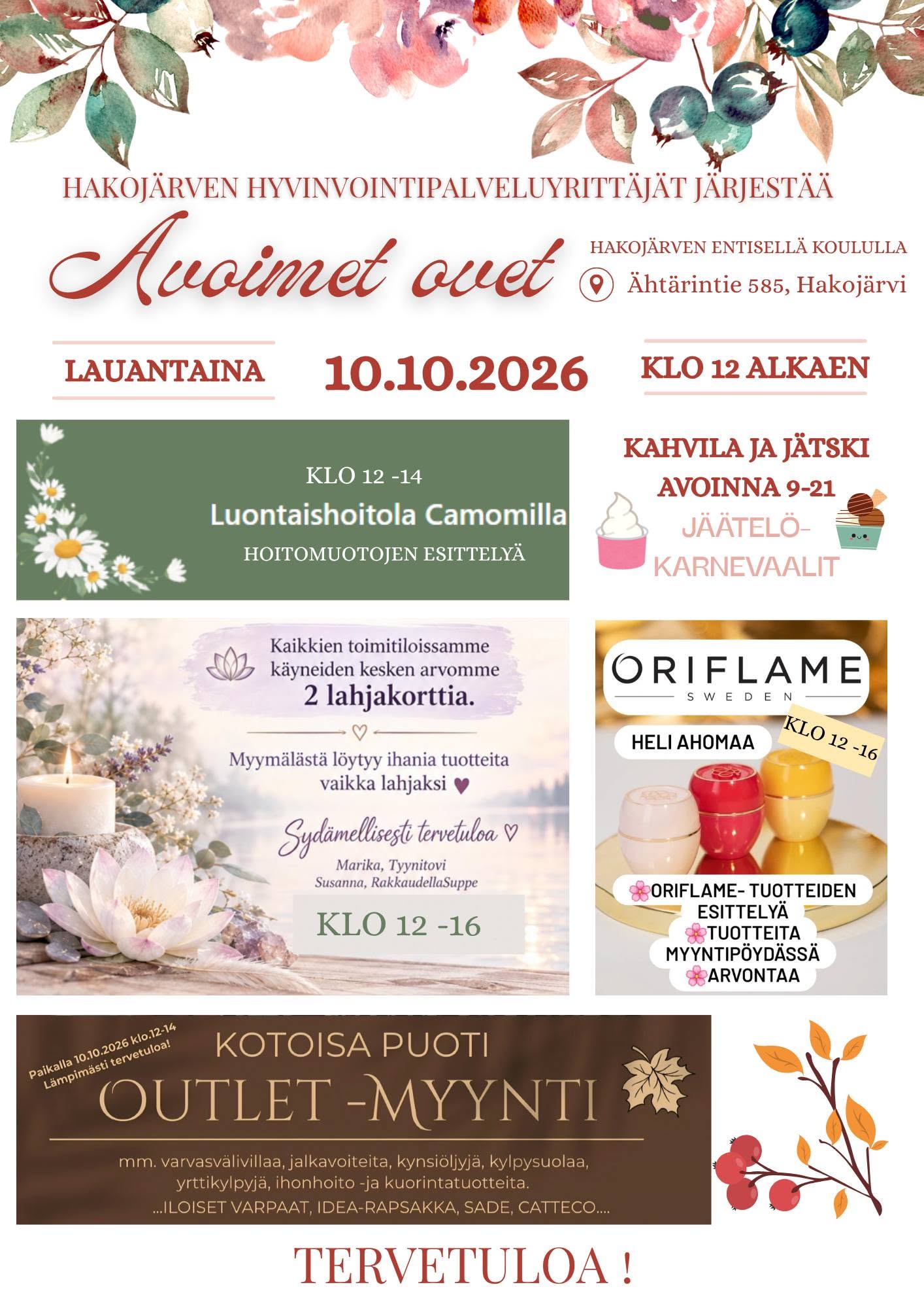 Hakojärven kyläkeskuksessa toimivat yrittäjät järjestävät avoimet ovet Hakojärven vanhalla koululla lauantaina 10.10.2026 klo 12-16.