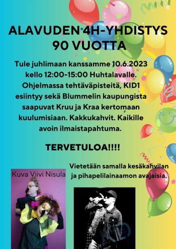 Alavuden 4H-yhdistys juhlii 90-vuotissynttäreitään lauantaina 10.6.2023 klo 12-15 Huhtalavalla Alavuden Rantapuistossa.
