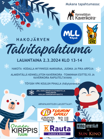 Hakojärven Talvitapahtuma lauantaina 2.3.2024 klo 13-14 Hakojärven koulun ympäristössä. Hakojärven Talvitapahtuma lauantaina 2.3.2024 klo 13-14 Hakojärven koulun ympäristössä.