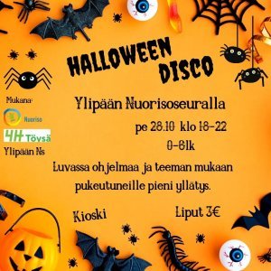  Halloween-disco Ylipään Nuorisoseuralla perjantaina 28.10.2022 klo 18-22 alakouluikäisille (0-6 lk)