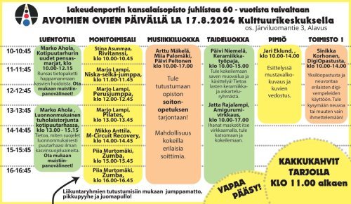 Tervetuloa Lakeudenportin kansalaisopiston avoimien ovien p&auml;iv&auml;&auml;n lauantaina 17.8.2024 Alavuden Kulttuurikeskukseen.
