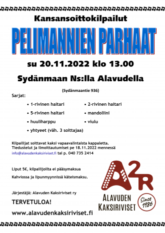 Pelimannien parhaat -kansansoittokilpailut sunnuntaina 20.11.2022 klo 13.00 Sydänmaan Nuorisoseuralla Alavudella. Tervetuloa!