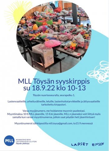 MLL Töysä järjestää syyskirppiksen sunnuntaina 18.9.2022 klo 10-13 Töysän Nuorisoseuralla.