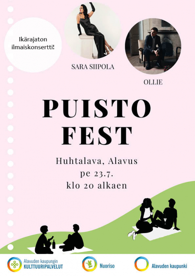 Ikärajaton ilmaiskonsertti Puisto Fest Alavuden Huhtalavalla perjantaina 23.7.2021 klo 20 alkaen.