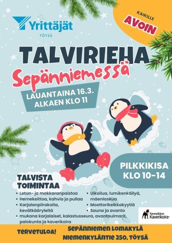 Lauantaina 16.3.2024 mennään koko perheen talviriehaan Sepänniemen lomakylään klo 11 alkaen.
