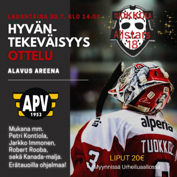 Tuokkola All Stars -hyväntekeväisyysottelu Alavuden jäähallilla lauantaina 30.7.2022 klo 14 alkaen Tuokkola All Stars -hyväntekeväisyysottelu Alavuden jäähallilla lauantaina 30.7.2022 klo 14 alkaen