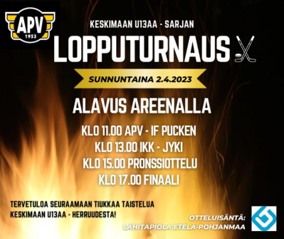 Tervetuloa kannustamaan APV:n jääkiekkojunioreita sunnuntaina 2.4.2023 klo 11-19 U13 AA -sarjan lopputurnaukseen!