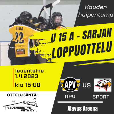  Tervetuloa kannustamaan APV:n jääkiekkojunioreita lauantaina 1.4.2023 klo 15.00 U15 A -sarjan loppuotteluun!