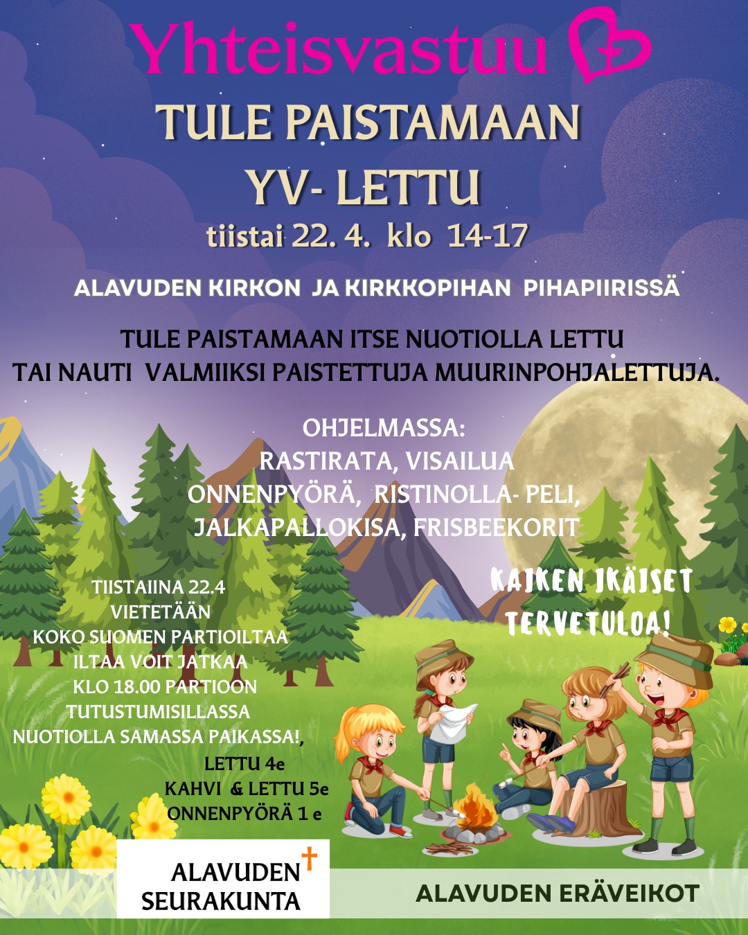 YV-lettutapahtuma tiistaina 22.4.2025 klo 14-17 Alavuden kirkon ja kirkkopihan pihapiirissä.