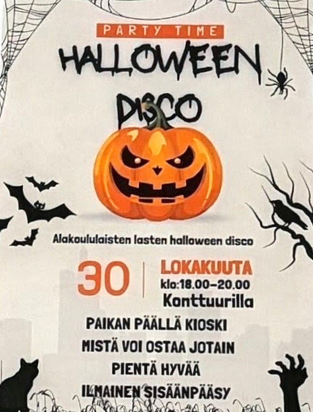 Tervetuloa alakoululaisten omaan Halloween-discoon Aseman Konttuurille perjantaina 30.10.2026 klo 18-20.