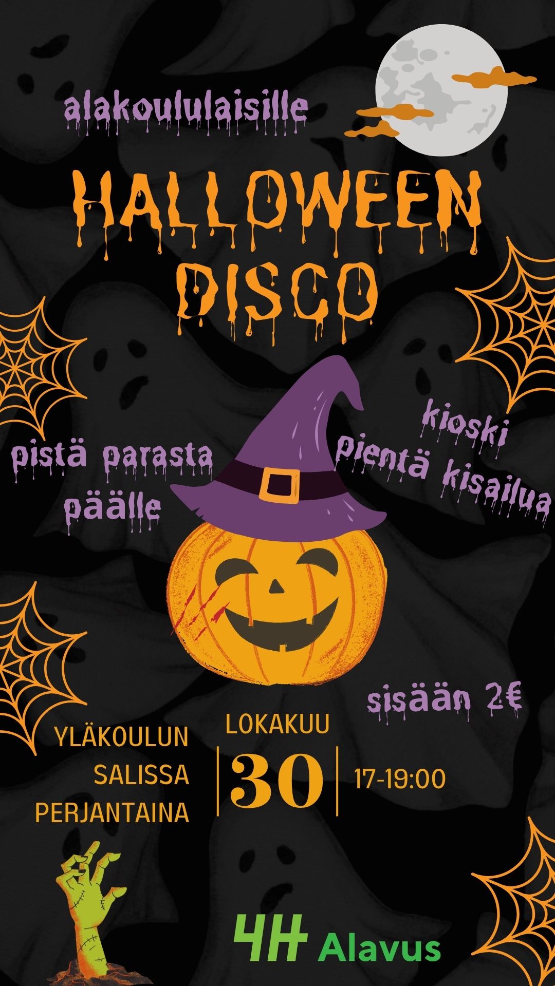 Alakoululaisille Halloween-disco perjantaina 30.10.2026 klo 17-19 Alavuden yl&auml;koulun salissa.