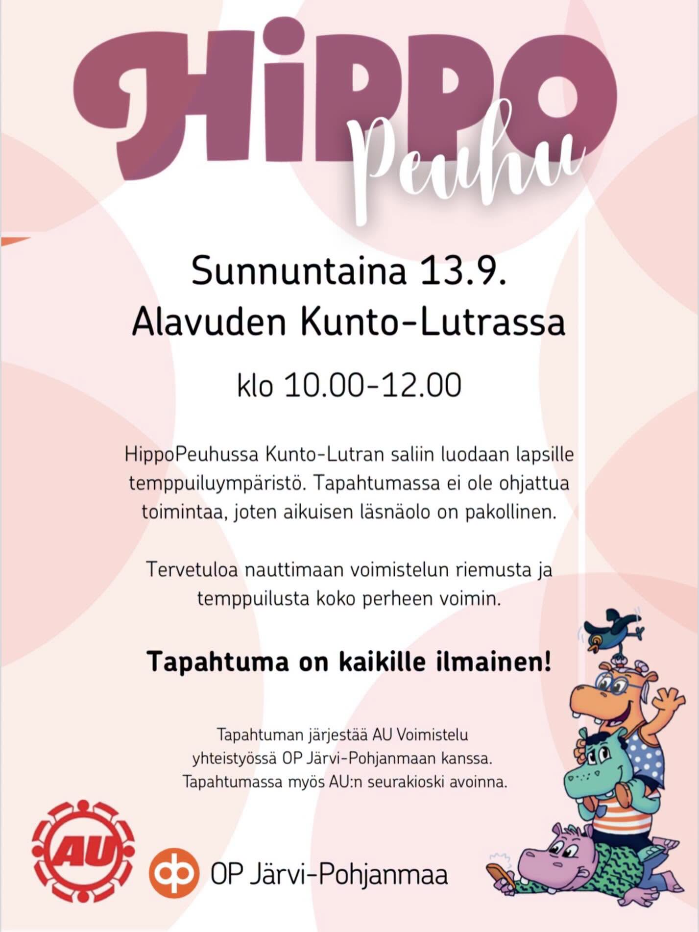 AU Voimistelu j&auml;rjest&auml;&auml; yhteisty&ouml;ss&auml; OP J&auml;rvi-Pohjanmaan kanssa HippoPeuhun AlavudenKunto-Lutran salissa sunnuntaina 13.9.2026 klo 10-12.