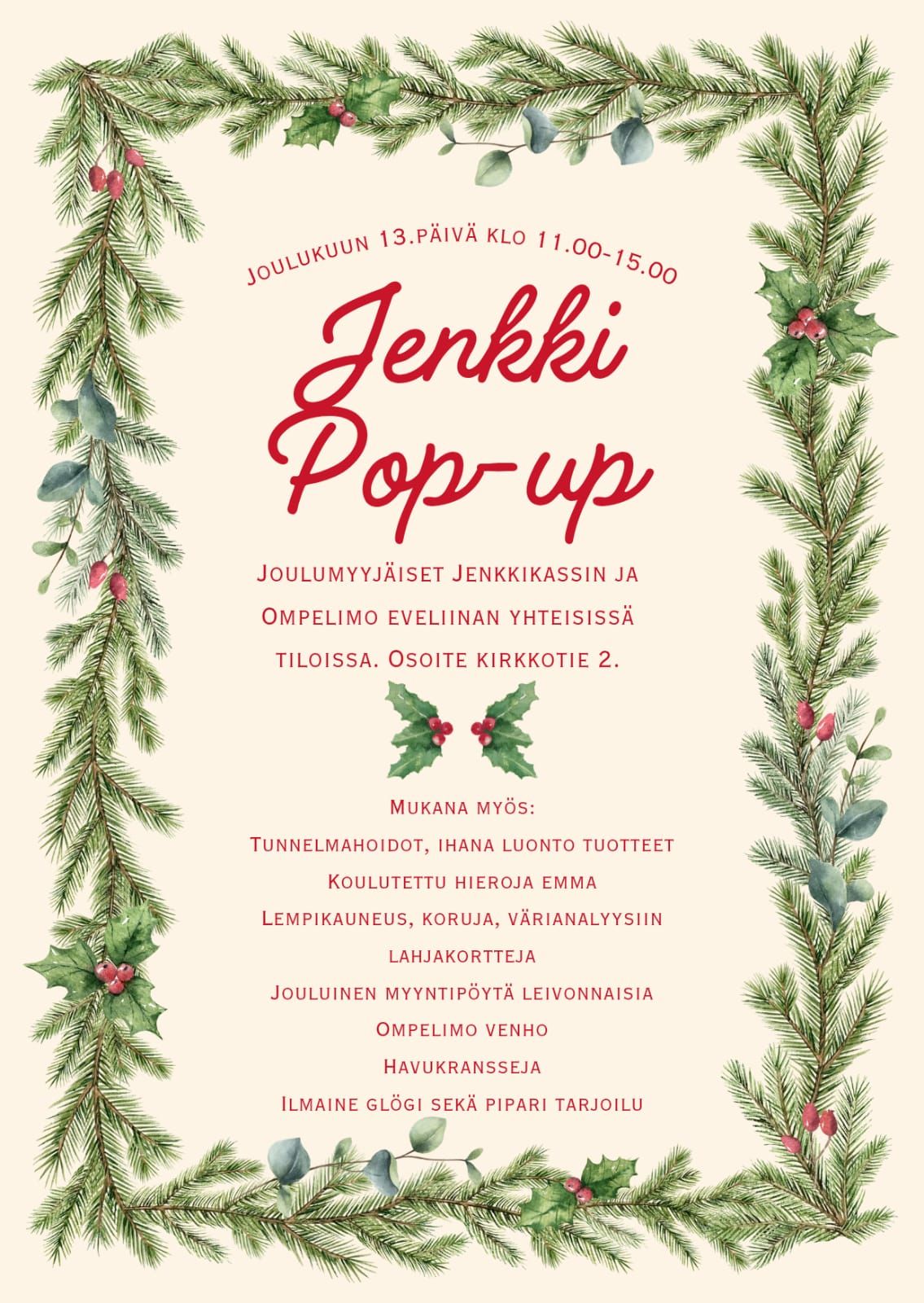 Joulumyyjäiset Jenkkikassin ja Ompelimo Eveliinan tiloissa Alavuden keskustassa lauantaina 13.12.2025 klo 11-15.