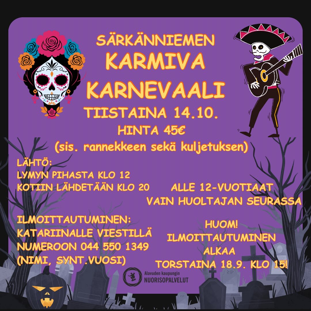 Alavuden kaupungin nuorisopalvelut järjestää syyslomalla tiistaina 14.10.2025 reissun Särkänniemen KARMIVAAN KARNEVAALIIN.