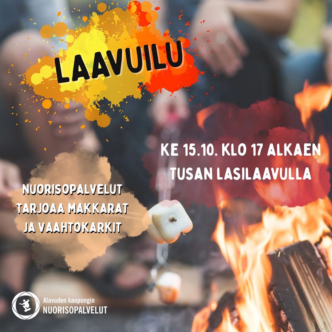 Alavuden kaupungin nuorisopalvelut järjestää syyslomalla keskiviikkona 15.10.2025 laavuilua Alavuden Tusan lasikodalla.