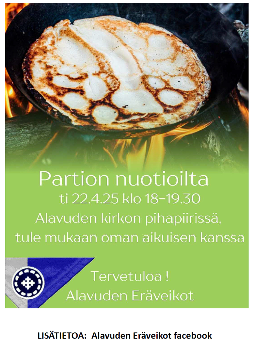 Partion nuotioilta tiistaina 22.4.2025 klo 18.00-19.30 Alavuden kirkon pihapiirissä.