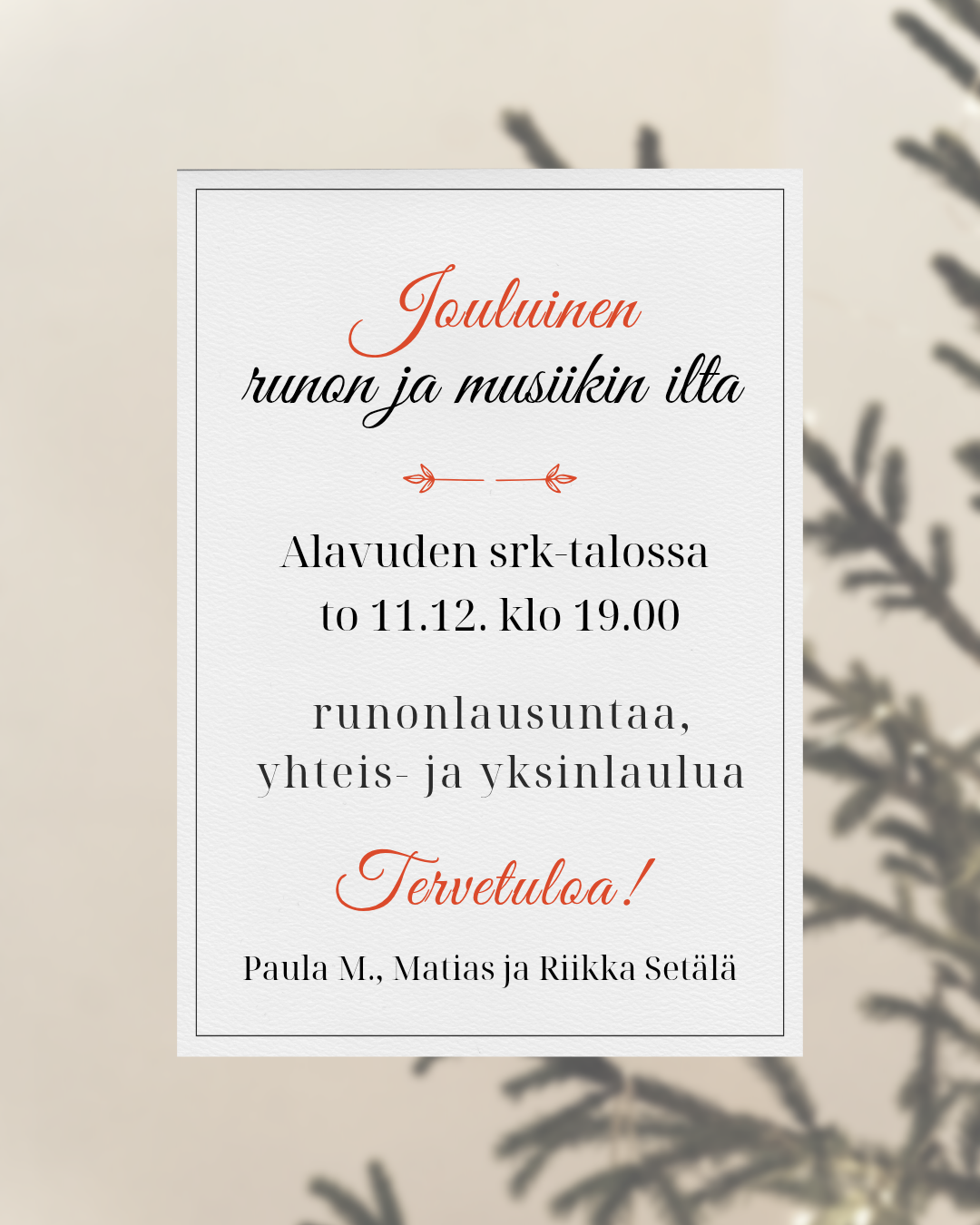 Jouluinen runon ja musiikin ilta Alavuden seurakuntatalon salissa torstaina 11.12.2025 klo 19.
