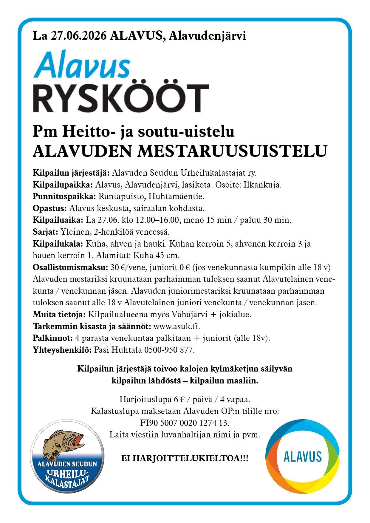 PM Heitto- ja Soutu-uistelu ALAVUDEN MESTARUUSUISTELU lauantaina 27.6.2026 Alavudenjärvellä klo 12-16.