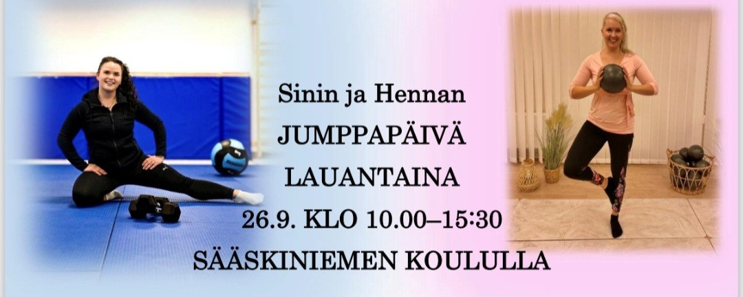 Jumppap&auml;iv&auml; lauantaina 26.9.2026 klo 10.00-15.30 Alavudella S&auml;&auml;skiniemen koululla.