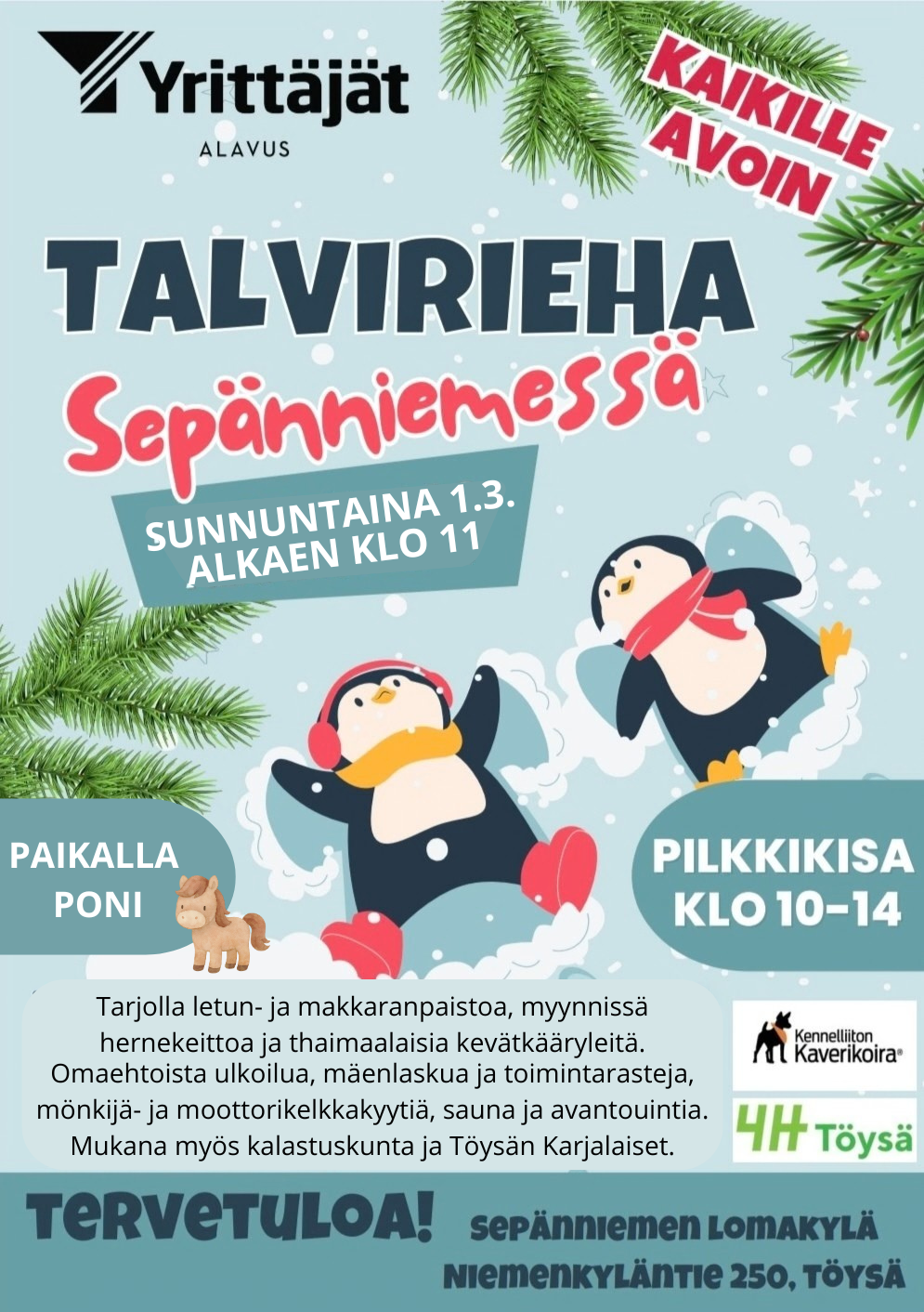 Tervetuloa kaikille avoimeen Talviriehaan Sepänniemen Lomakylään sunnuntaina 1.3.2026 klo 11 alkaen.