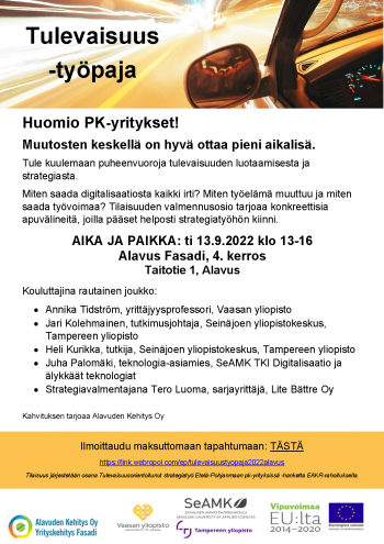 Tulevaisuustyöpaja pk-yrityksille ti 13.9. klo 13-16 (Alavus Fasadi 4. krs)