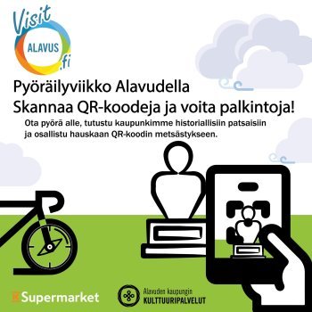 Alavuden py&ouml;r&auml;ilyviikko 13.-16.8.2024. Py&ouml;r&auml;ile eri patsaiden luo Alavudella, skannaa QR-koodeja ja voita palkintoja!
