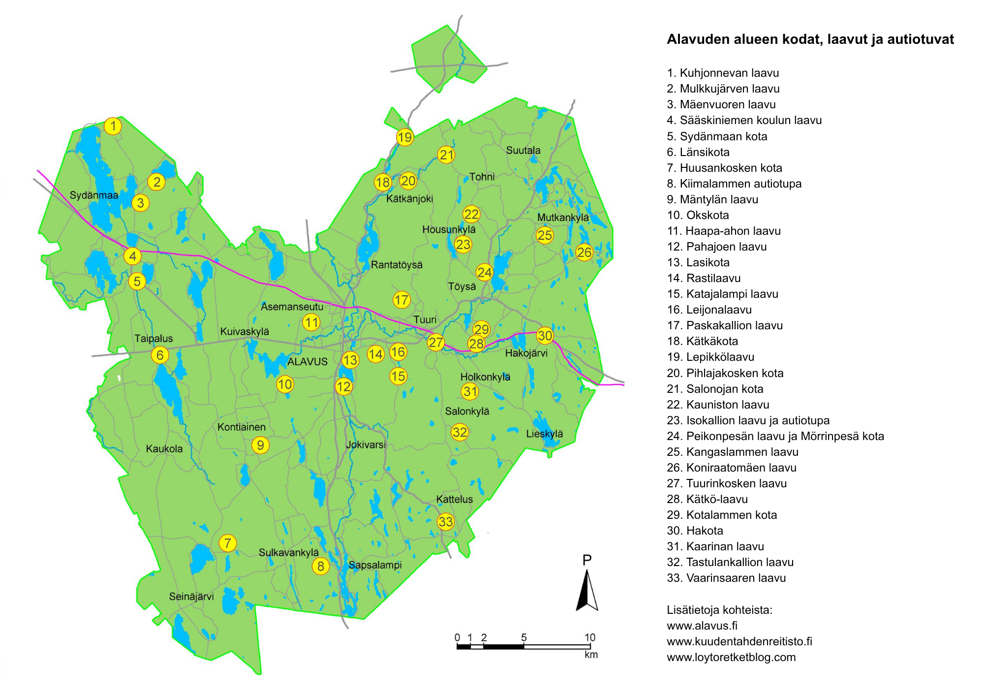 Alavuden alueen kodat, laavut ja autiotuvat kartalla